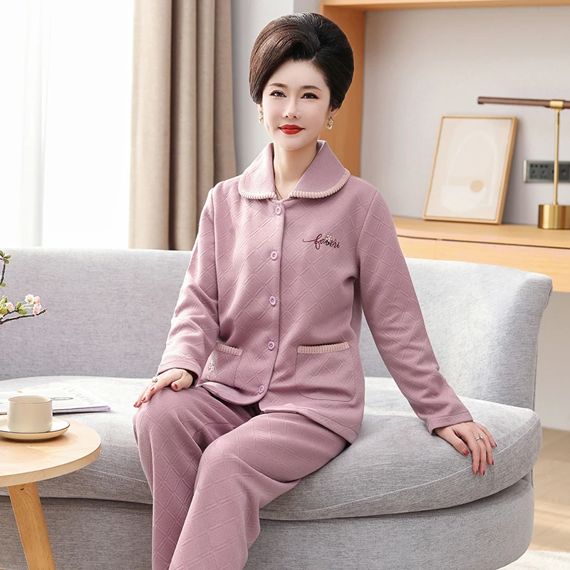 睡衣女冬季纯棉夹层薄款夹棉加厚保暖开衫妈妈空气棉可外穿家居服
