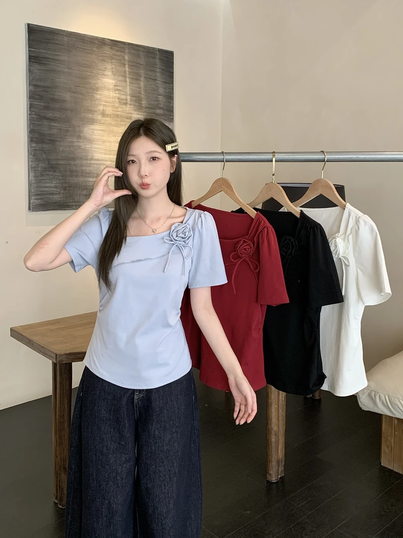 长2025夏季大码女胖mm法式方领花朵短袖T恤甜美风正肩上衣64232