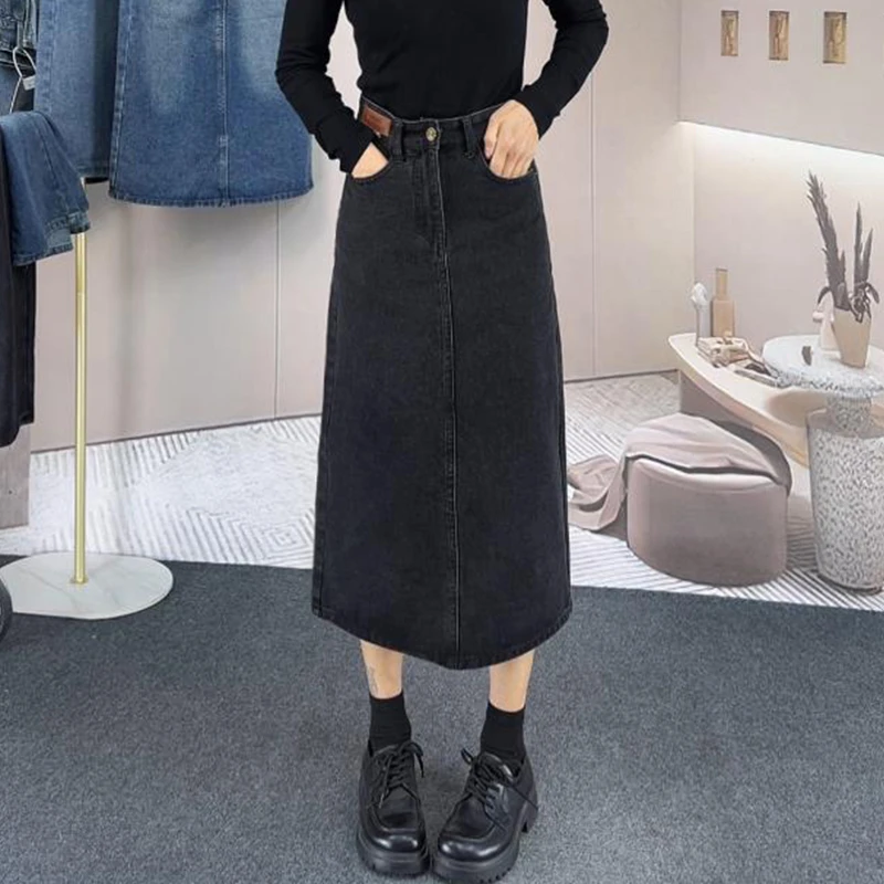 2025春夏新款高腰双扣半身牛仔裙韩版小个子A字裙百搭中长款裙子