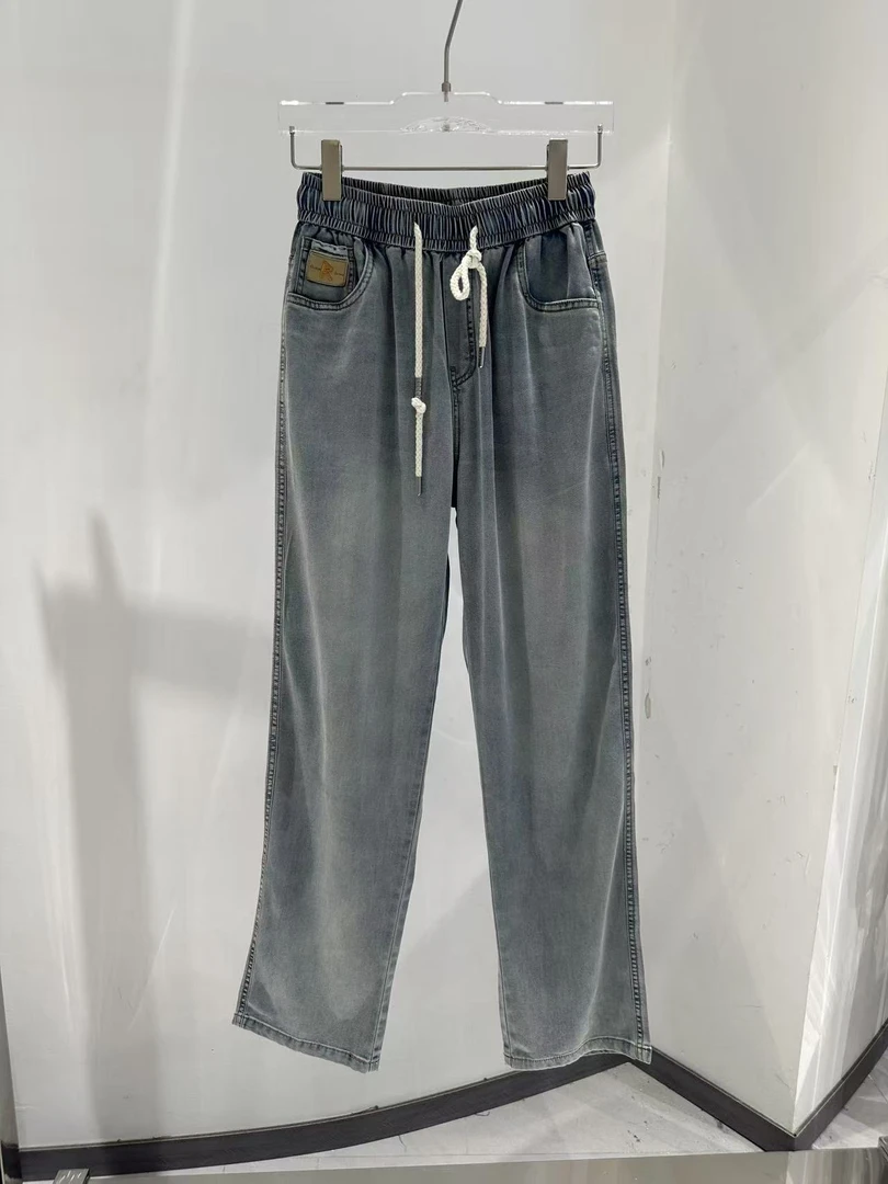 5062-1-【夏季新款】莱赛尔垂感冰感抽绳松紧腰，直筒阔腿拖地牛仔裤