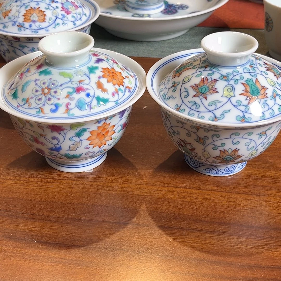 鬼*微瑕手工手绘缠枝莲盖碗2套