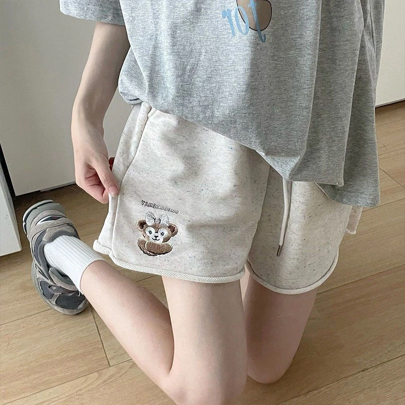 港风复古chic卡通小熊刺绣短裤女夏季小众慵懒宽松阔腿运动五分裤