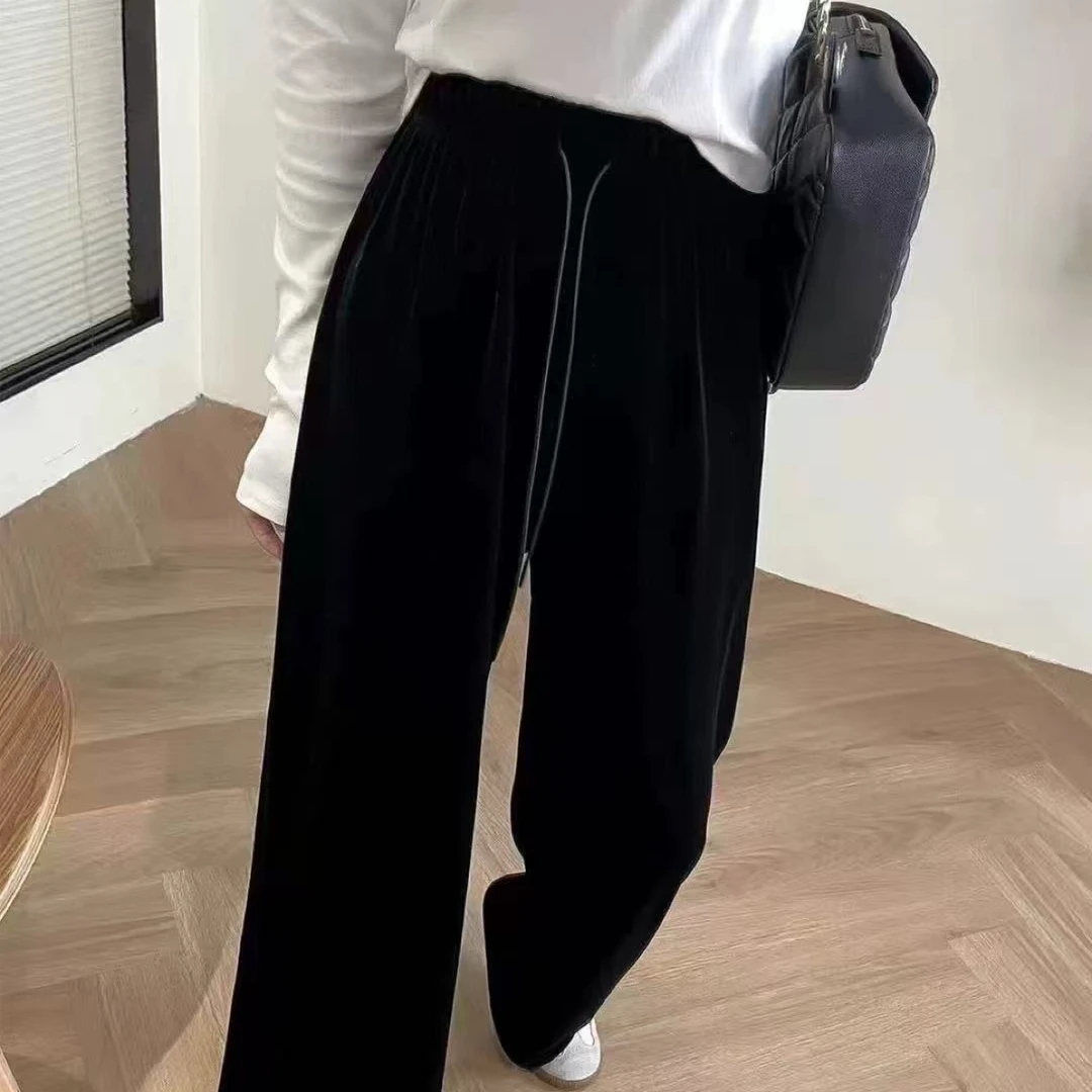 〔金丝绒阔腿裤〕欧洲站金丝绒抽绳松紧高腰阔腿裤