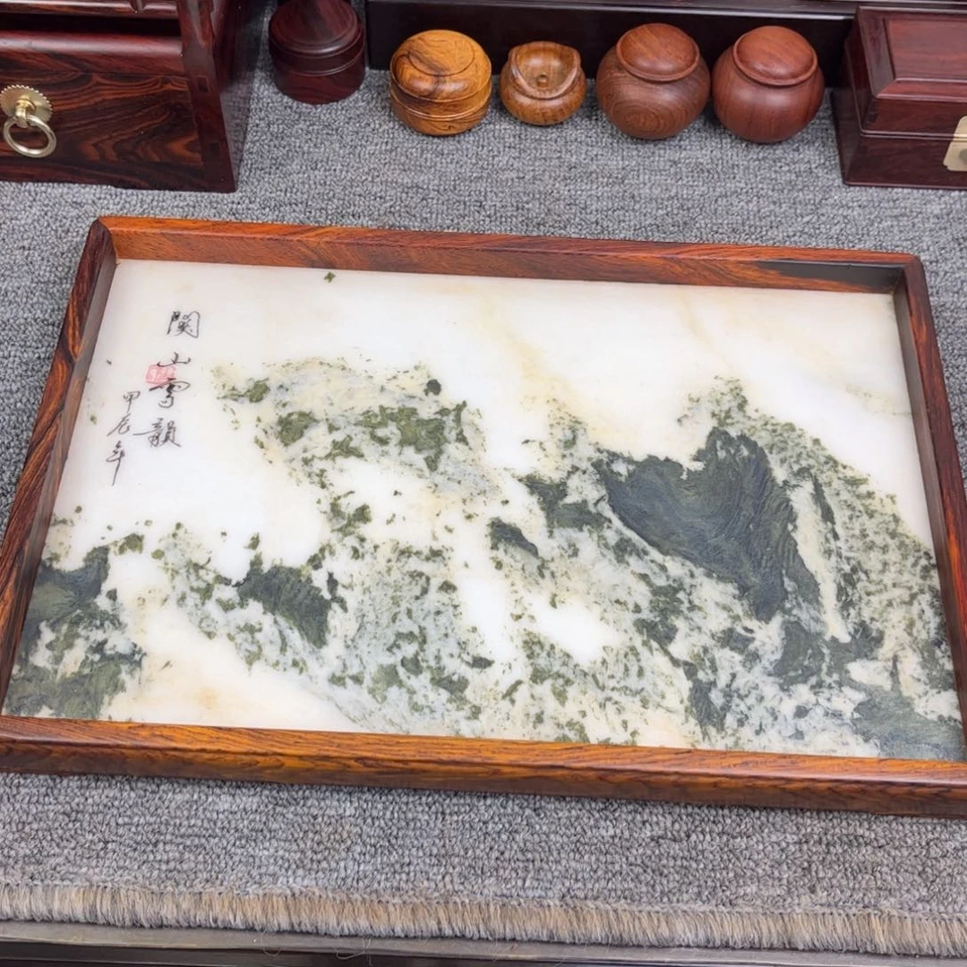 微凹黄檀（南美大红酸枝）云石茶盘，边框微凹黄檀