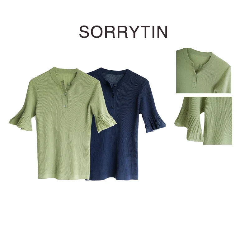 《如丝如缕》SORRYTIN 超细200支进口棉纱 拼荷叶网纱短袖针织衫