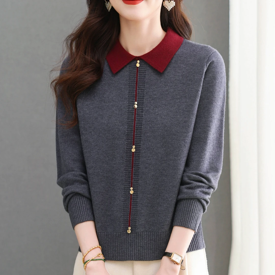 春秋季新款翻领假两件宽松显瘦洋气时尚短款套头针织衫女装