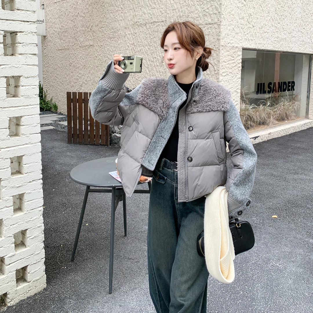 酷飒风羊羔毛拼接立领羽绒服女2025冬季新款设计感时髦90绒短外套