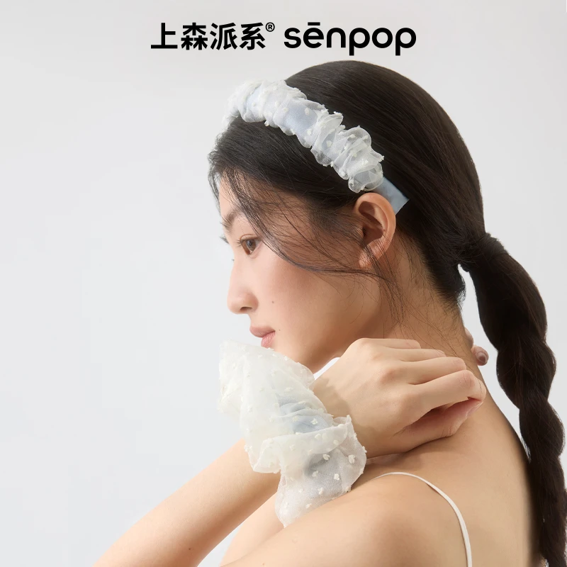 上森蓝色波点增高颅顶褶皱发箍女款春夏发卡显脸小头箍2025年新款