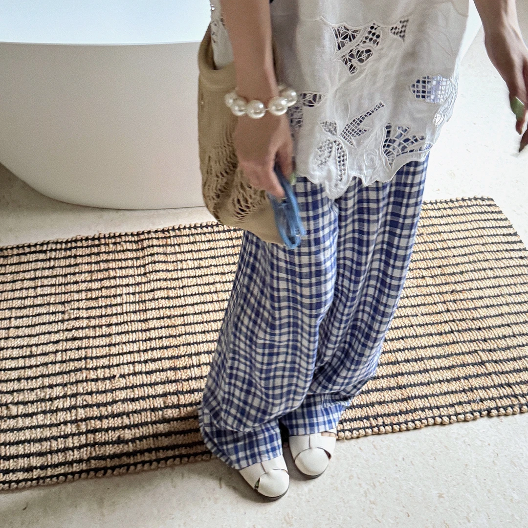 Vane｜“海盐”瓦蓝白苏格兰格纹亚麻纸袋裤～