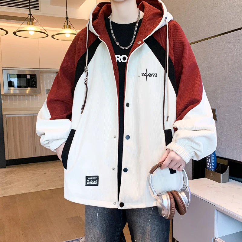 青少年秋季新款连帽拼色外套潮流港风字母印花宽松舒适百搭夹克