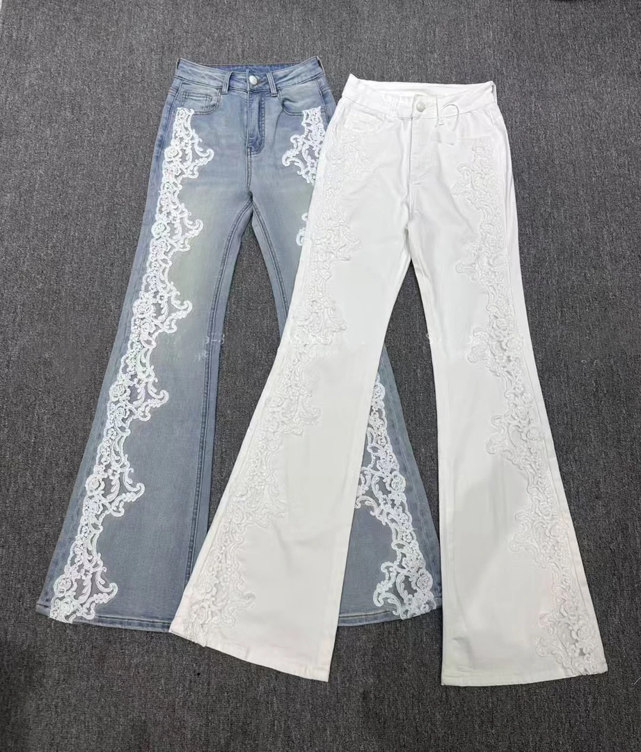 设计师款重工钩花镂空蕾丝修身显瘦高腰弹力微喇牛仔裤长裤 #5739