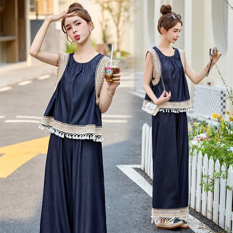 流苏毛边拼接牛仔套装女2025夏季新款设计感洋气减龄阔腿裤两件套