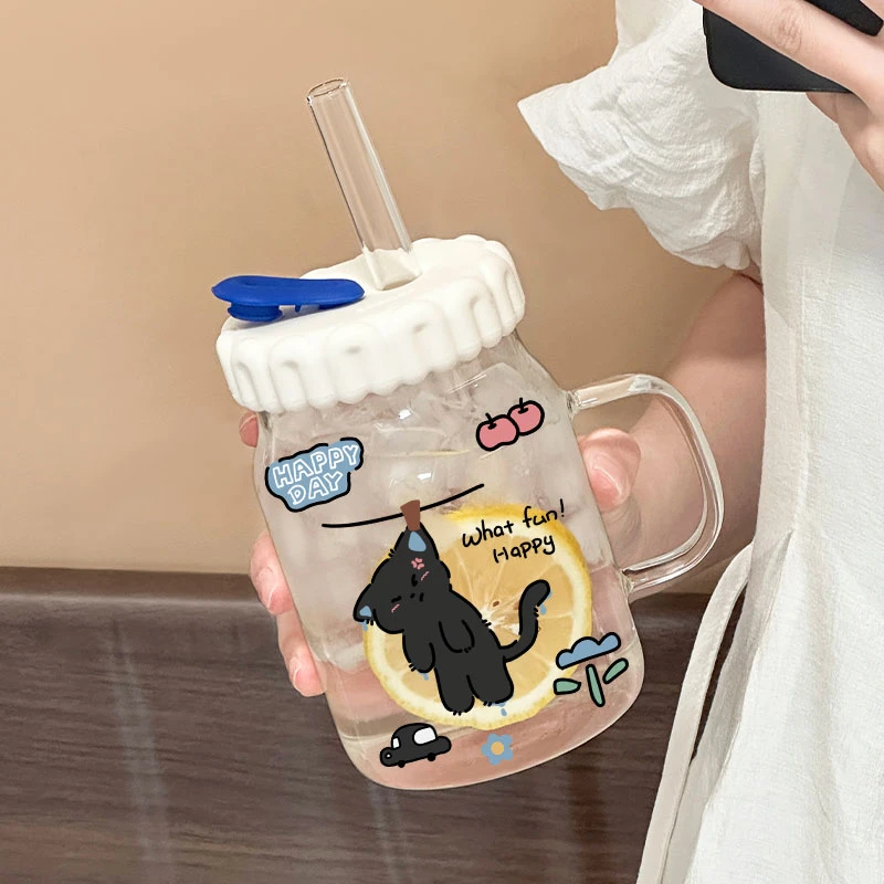 夏日水杯女生高颜值大容量吸管玻璃杯带把手办公室杯子女新款2025