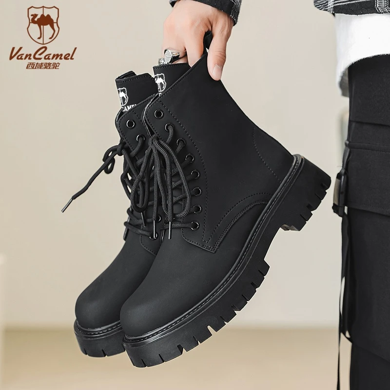 VANCAMEL/西域骆驼粒面皮鞋子短靴工装风男士黑色靴子马丁靴冬季