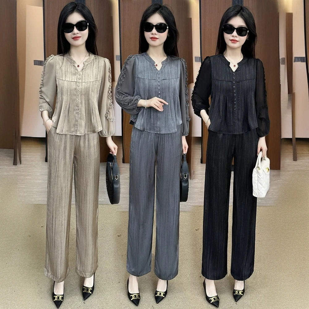 冰丝时尚套装女2025春季新款时髦洋气遮肚子显瘦上衣阔腿裤两件套
