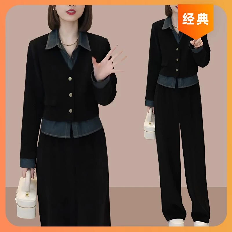 2025春秋新款气质复古时尚套装大码短款拼接上衣阔腿裤两件套女