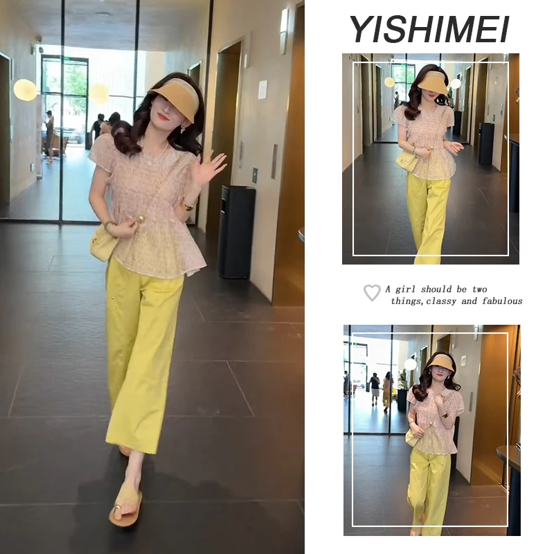 2025年夏季穿搭一整套时尚圆领宽松型常规款衬衫高腰休闲裤两件套