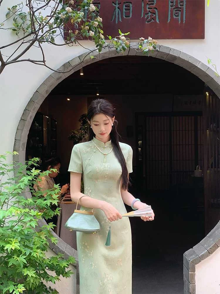 连衣裙旗袍气质绿色夏季复古中国风新中式显瘦小个子少女法式提花