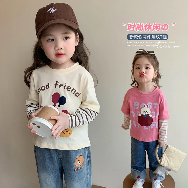 女童假两件t恤春秋2025新款儿童洋气秋季长袖上衣女宝宝秋装纯棉T