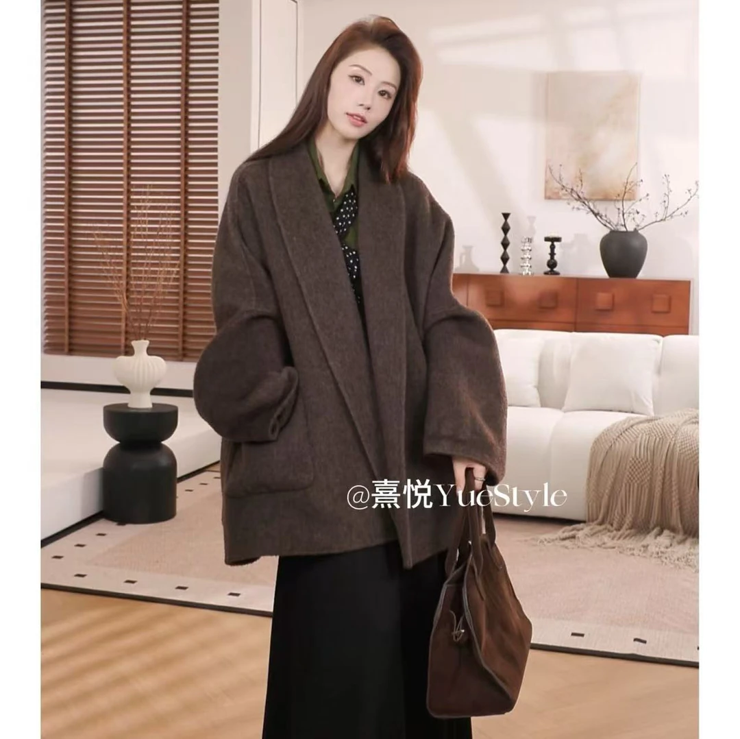 熹悦/极简主义·斗篷版廓形慵懒氛围感绵羊毛大衣欧版宽松秋冬外套