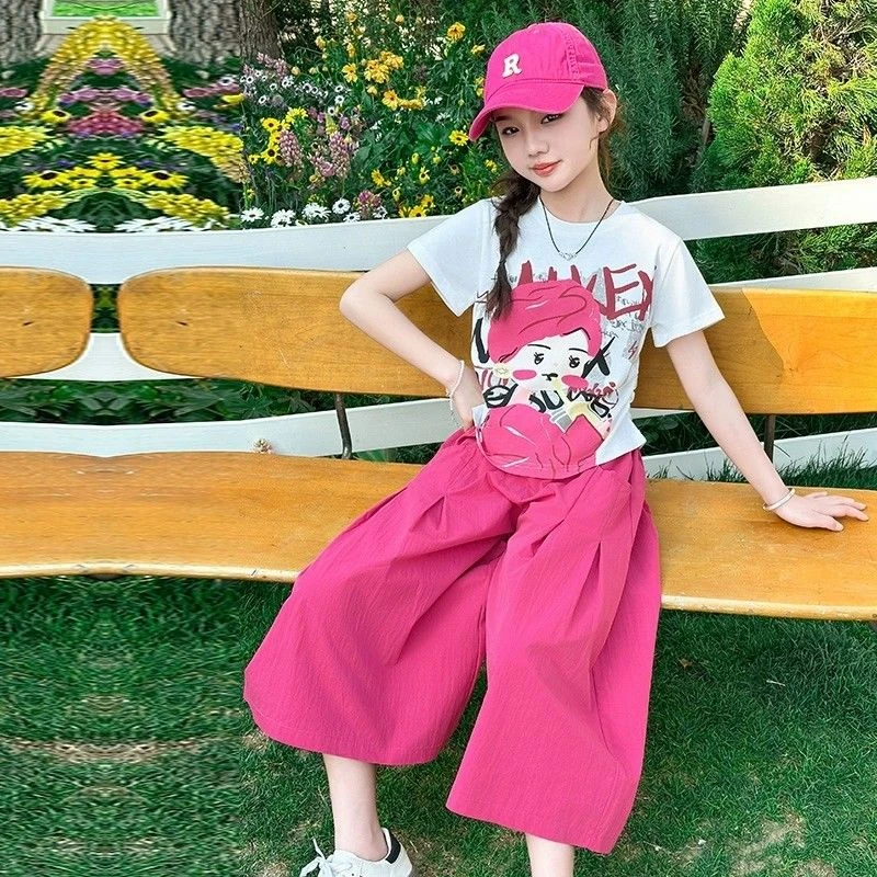 女童夏装套装2025新款儿童韩版卡通短袖阔腿裤时髦两件套夏季衣服