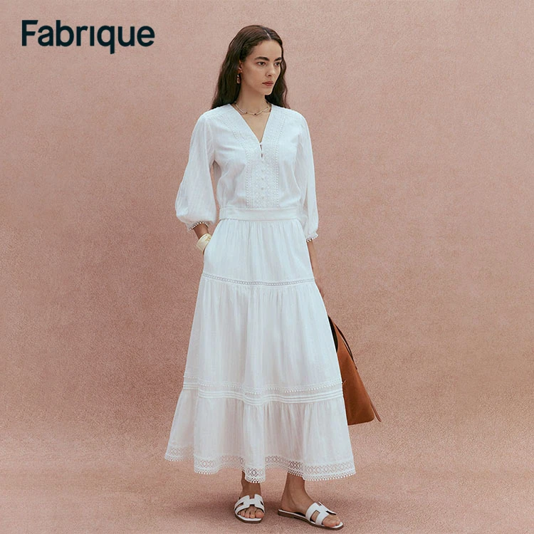 【达人专享】Fabrique 波嬉风白浪花月光白刺绣纯棉蕾丝V领套装女