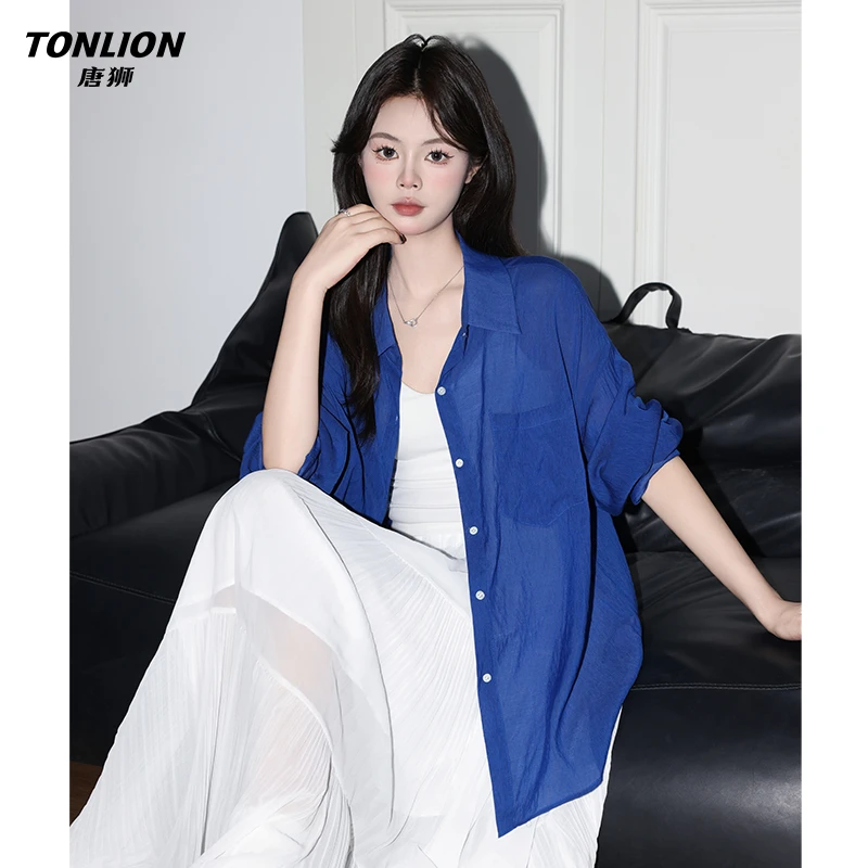 唐狮独特克莱因蓝薄衬衫女2025夏季新款韩系休闲宽松百搭长袖上衣