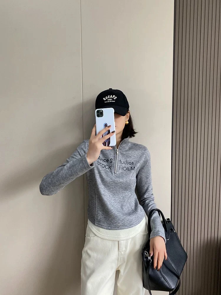 韩系半拉链针织衫女冬季新款内搭设计感打底衫上衣卫衣 8019