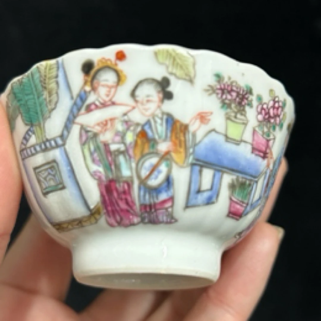 景德镇老瓷厂库存 粉彩西厢记人物故事纹瓜棱杯
