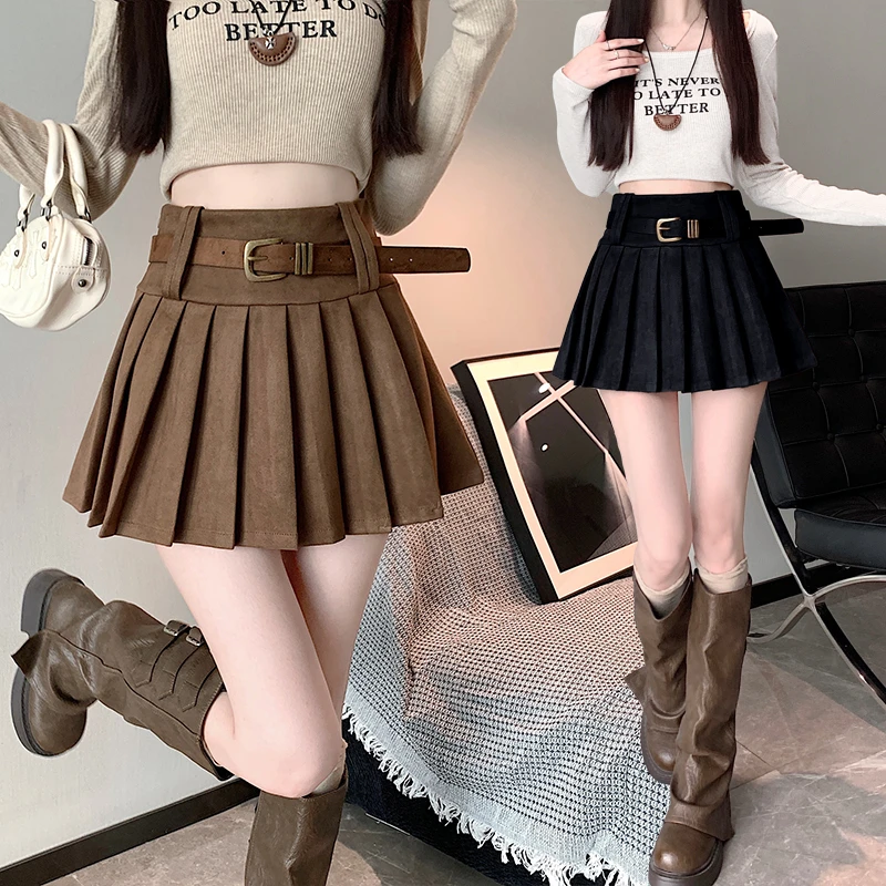 【配皮带】美拉德仿鹿皮绒半身裙复古高腰百褶裙子显瘦裤裙a字短裙
