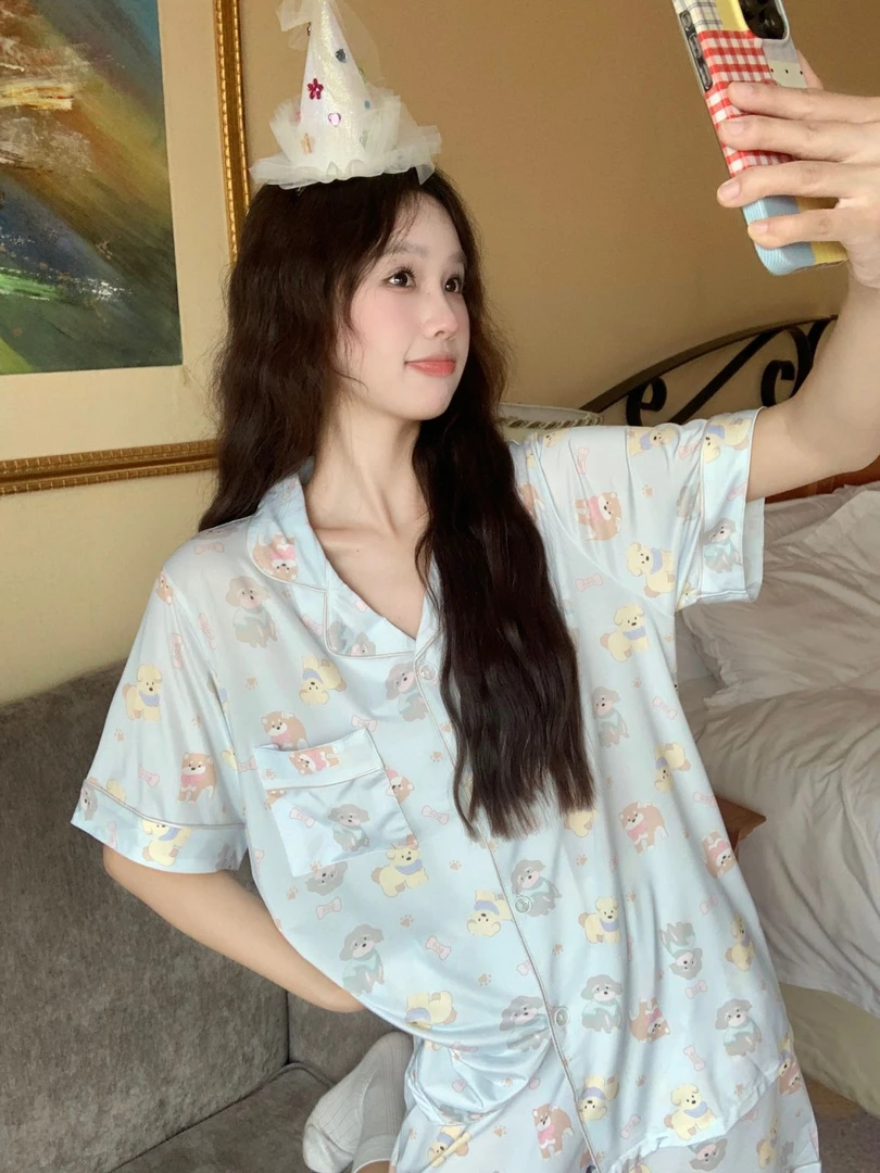 3166夏季大码宽松睡衣女薄款冰丝短袖凉快甜美可爱可外穿家居服