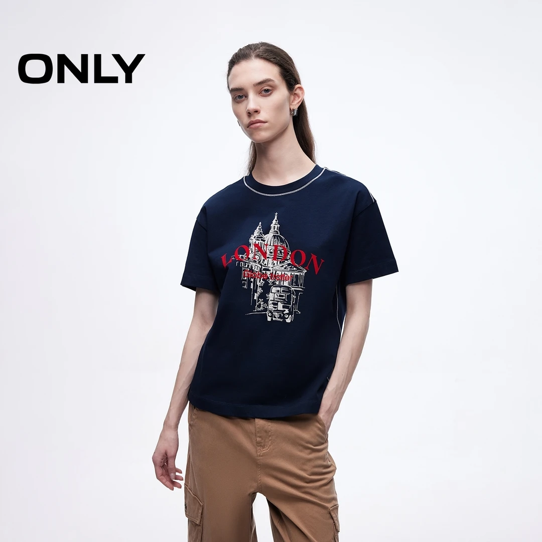 ONLY夏季宽松纯棉撞色印花短袖T恤女酷飒风女装高级感|125101077