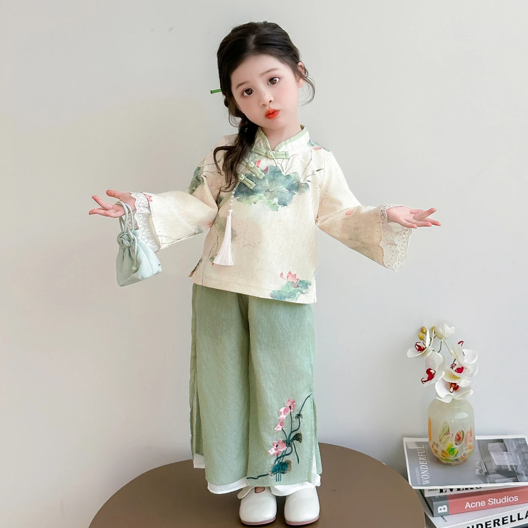 女童汉服套装2025秋装新款儿童国风春秋裤子两件套新中式古风套装