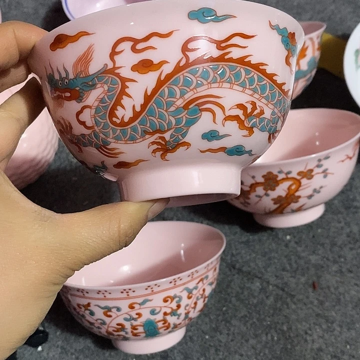 摆件陶瓷5寸红稀土龙凤红绿彩碗