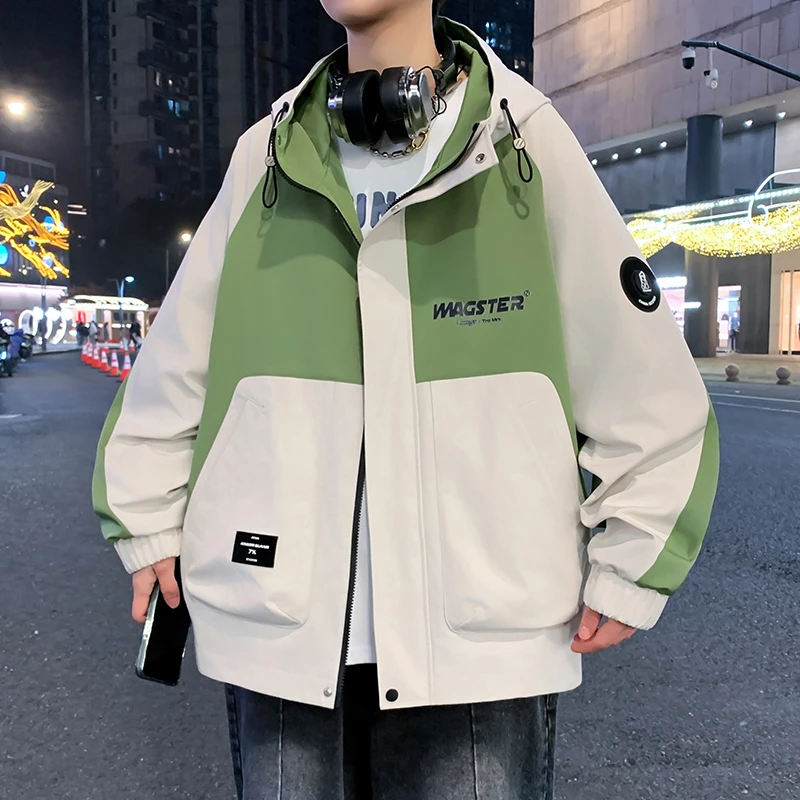 青少年夹克男2025春秋新款宽松百搭学生连帽帅气冲锋衣外套