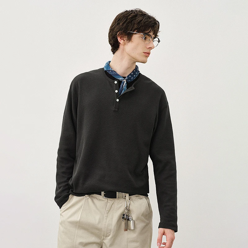 714street薄款华夫格亨利领长袖T恤男25秋冬打底衫日系上衣521140