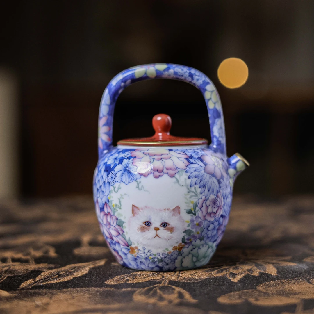 【悦生活】玫瑰红万花猫-华隐堂-水桶提梁壶-150ml（华隐S0860）