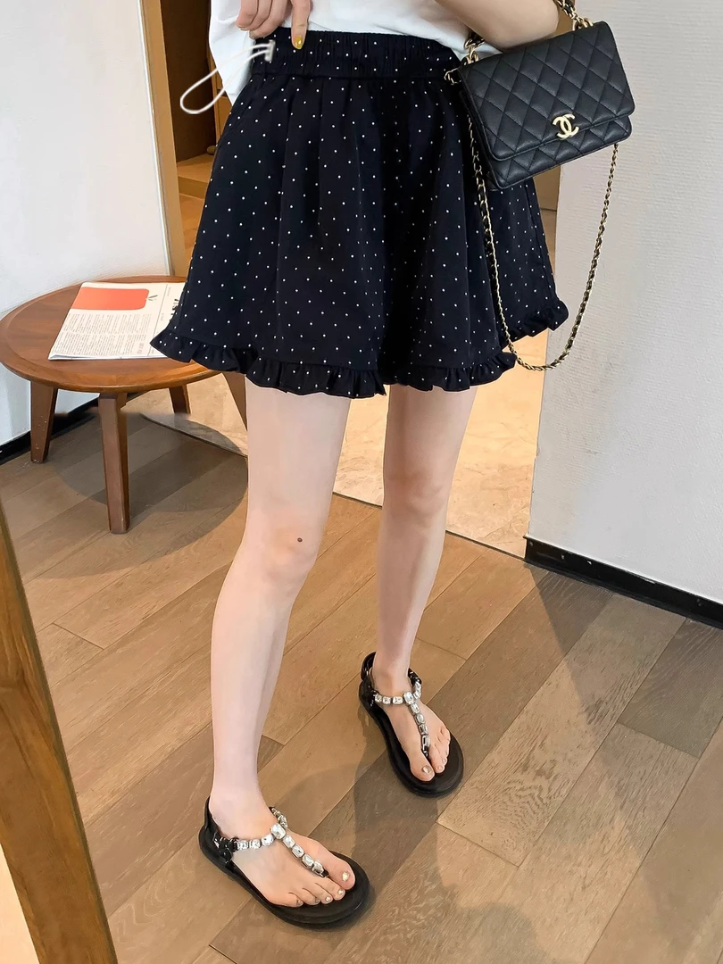 孕妇短裤夏季薄款外穿黑色波点花边无托腹抽绳阔腿休闲宽松短裤