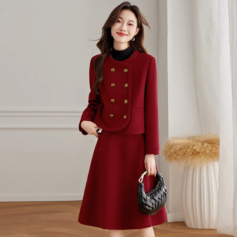 时尚休闲套装秋冬新款女装双排扣小香风外套半裙两件套裙套装