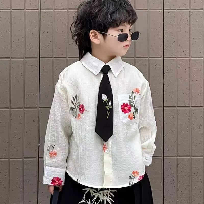 小韩欧巴2025踏春季薄衬衫春秋款翻领刺绣长袖衬衫高定系列25192