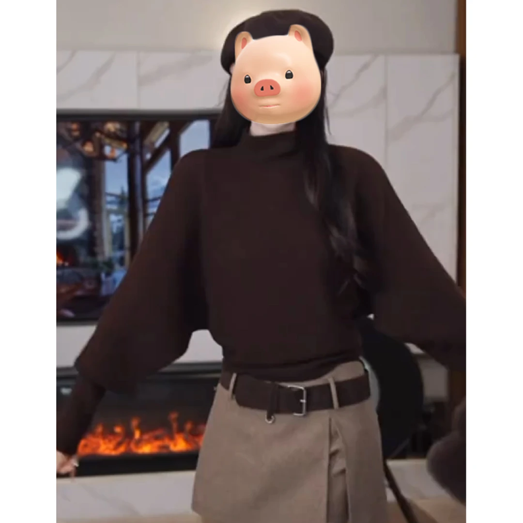 咖色高领套头蝙蝠袖打底毛衣女秋冬加厚保暖慵懒风内搭针织衫上衣