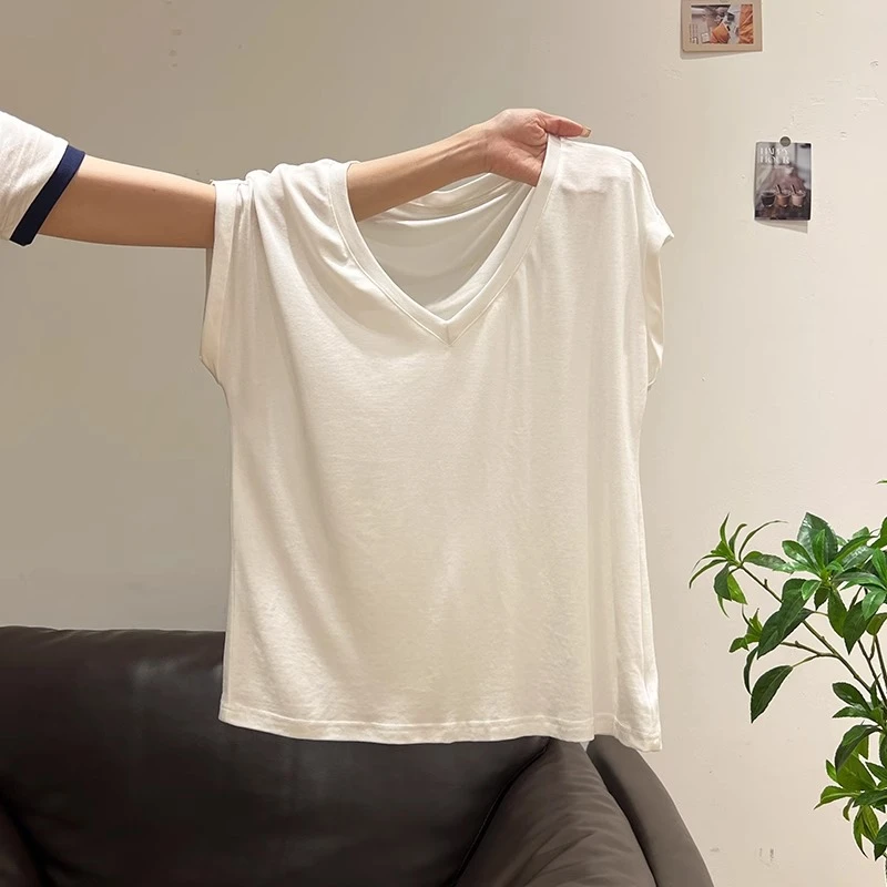 纯色V领百搭正肩短袖T恤女2025夏季新款辣妹打底宽松内搭小上衣女