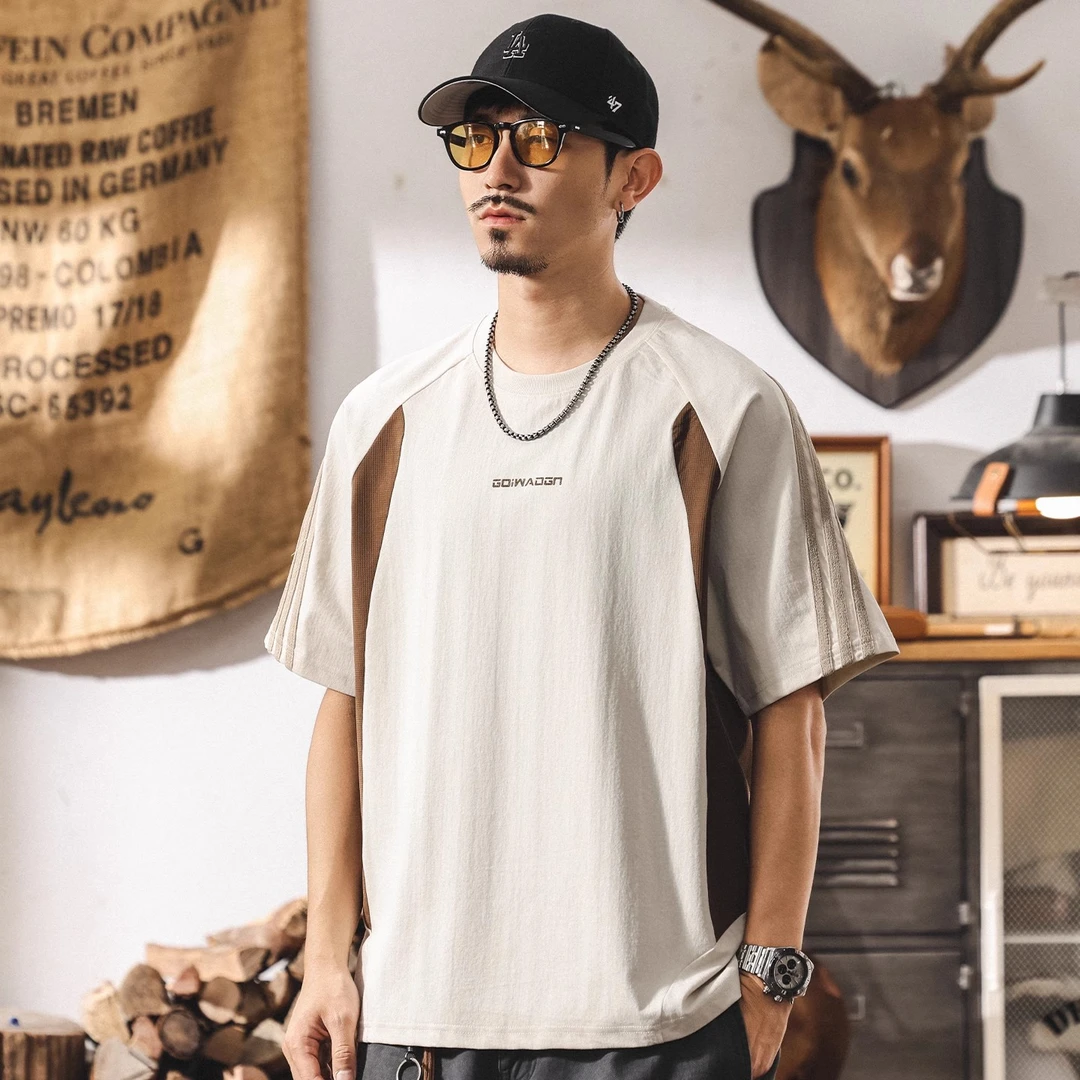 美式复古米白色短袖男士t恤2025新款夏季潮流拼色半袖男生体恤潮