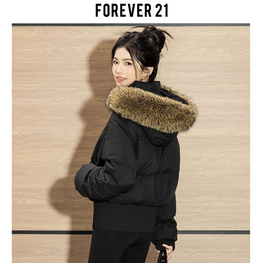 Forever 21冬季2025毛领连帽羽绒服收腰设计不臃肿显瘦羽绒外套女