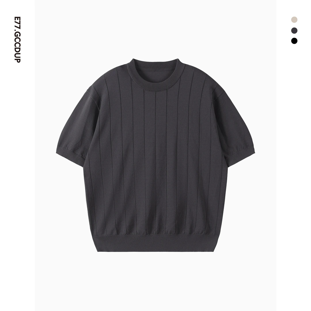 夏季针织宽松时尚短袖透气休闲百搭简约男女同款设计圆领T恤8013