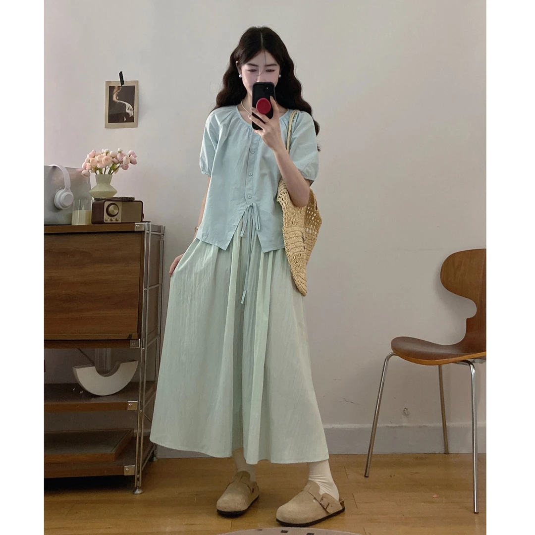 大码泡泡袖衬衫高腰半身裙两件套夏季新款胖mm显瘦搭配套装