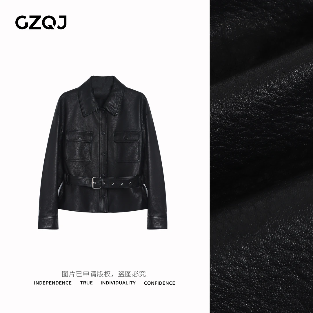 老琴私服【黑曜王座】2025春季新款荔枝纹真皮黑色皮衣外套女9703