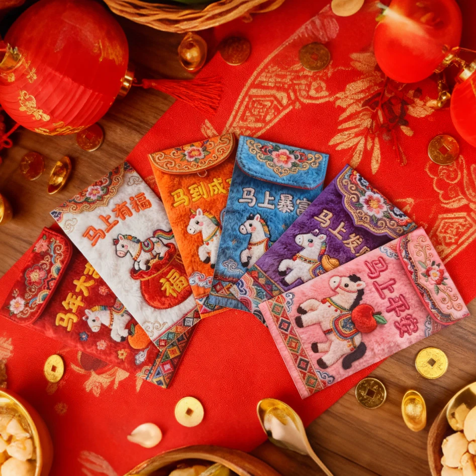 2026马年平面款创意红包立体刺绣风格中式封卡新年压岁春节