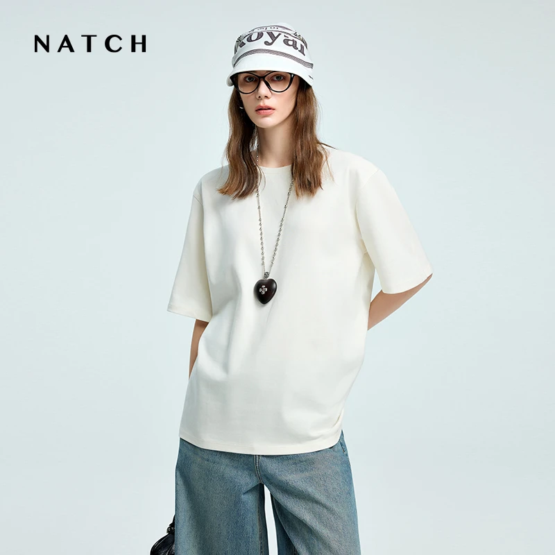 NATCH/南枳圆领宽松短袖T恤男女情侣款2025夏季正肩阔版上衣纯色