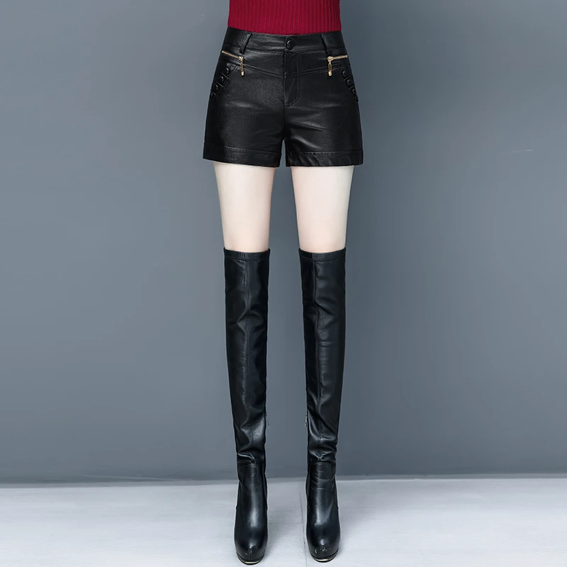 拉夏贝尔时髦高腰皮裤女2025秋冬季新款皮短裤外穿百搭打底靴裤子